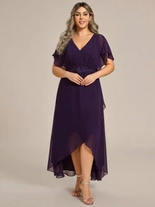 Plus Elegant Embroidery Applique Decor Wrap Split Hem Cocktail Dresses Formal Dresses For Party Mother Of Brides Dresses