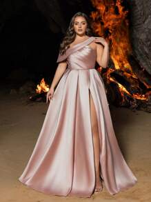 Faeriesty Curve Plus Elegant Satin One-Shoulder Maxi Dress With Dramatic High-Slit | Luxury Evening Look For Gala Events, Luxury Brand Shows Or Bridal Shower Dress