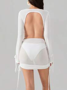 Women's Sheer Mesh Halter Swimsuit Cover Up Dress See-Through Cowl Neck Long Sleeve Tie-Up Wrapped Hip Draped Front Backless Ruched Bathing Suit Coverups - 白色 - 查看 9