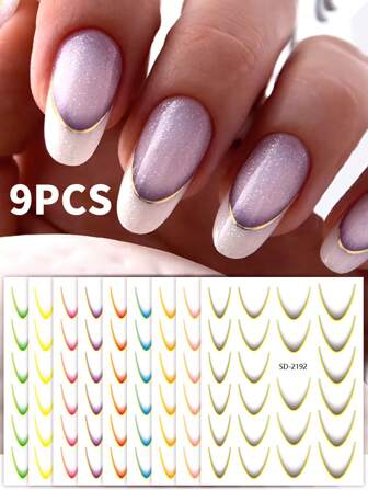 9 Color 5D French Line Nail Art Stickers Gradient Color French Tip Gold Line Edging Nail Decals 3D Self-Adhesive Nail Tips Guides Stripe Lines Nail Sliders Manicure Accessories For DIY Nail Art Decorations