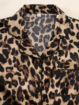 Set de 2 piezas de pijama de camisa de manga corta con cuello y pantalones cortos con estampado de leopardo de satén para mujer, para primavera/verano, conjunto de dos piezas