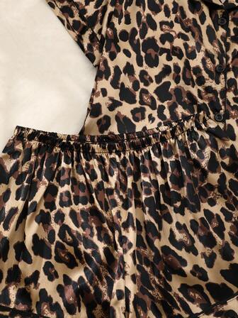 2 件套缎面豹纹短袖领衬衫和短裤睡衣套装女士春夏季两件套