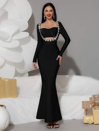 Modphy Nuevo vestido ajustado tipo sirena con mangas largas y diseño muy adornado con strass, sin espalda. Vestido de boda, dama de honor, fiesta de noche, gala y para invitados de boda, sexy