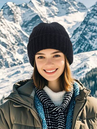 BREITER 1pc Women's Warm Autumn/Winter Double Layer Thick Knit Rabbit Fur Beanie, Casual Ear Warmer Soft Furry Pom Pom Hat, Acrylic Knitted Blend Knit Cap