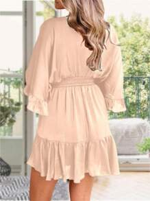Womens V Neck Casual Dresses Summer Loose High Waist Ruffle Pleated Cute Mini Short Dress - Beige - View 3