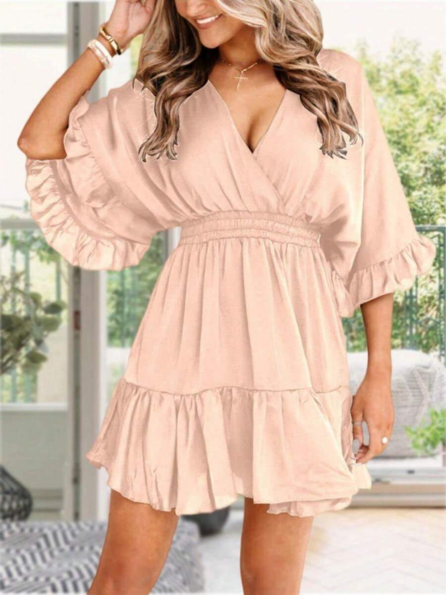 Womens V Neck Casual Dresses Summer Loose High Waist Ruffle Pleated Cute Mini Short Dress - Beige - View 1