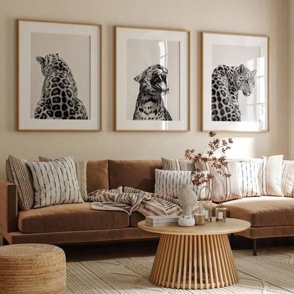 Set di 3 cartellone d'arte senza cornice in bianco e nero con motivi animalier come ghepardi, stampe su tela minimaliste e funky, ideali per decorare camera da letto, soggiorno, appartamento, dorm e altri ambienti moderni