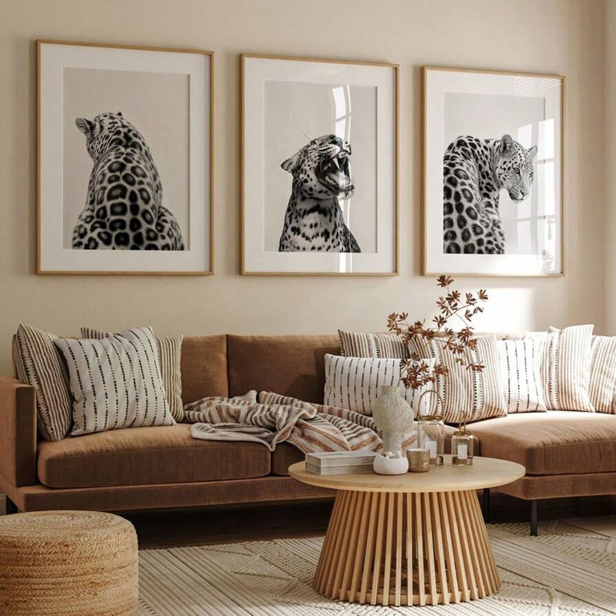 Set di 3 cartellone d'arte senza cornice in bianco e nero con motivi animalier come ghepardi, stampe su tela minimaliste e funky, ideali per decorare camera da letto, soggiorno, appartamento, dorm e altri ambienti moderni