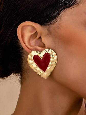 1 Pair Oversized Enamel Textured Heart Shaped Drop Earrings, Fashionable And Elegant For Women Valentines,Mom,Mother,Mother's Day,Gift