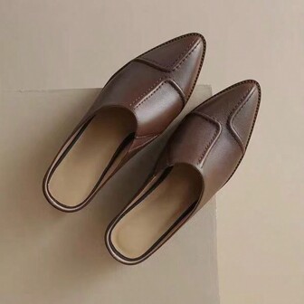 Women's Brown Pointed Toe Leather Mule Slippers, Thick Heel Mid-Heel Slides, Suitable For All Seasons