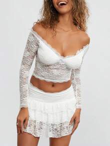 Women Lace Skirt Set Fairycore See Through Off Shoulder Long Sleeve Crop Tops and Mini Skirt Suit 2 Piece Outfits Streetwear - Blanco - Ver 2