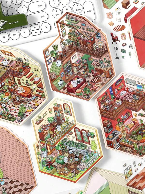 3pcs Cute Mini House 2.5D Landscape Sticker, "My Little House" Series DIY Scene Decoration Sticker,School Supplies,Back To School
