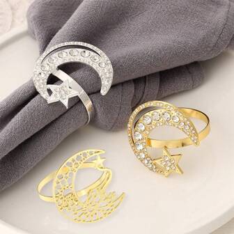 1pc Napkin Ring Moon And Star Gold/Sliver Napkin Ring With Diamond For Holiday Party Home Table Decorations Supplies