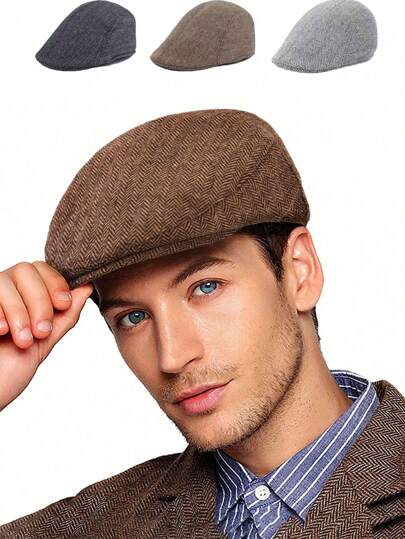 Retro octagonal golfkeps i brittisk stil, Newsboy-keps för män, hela säsongen. Enfärgad snöflinga- och vetetextur Rutig ull-körkeps, mångsidig baskerhatt i två färger, lämplig för sammankomster, semester, resor, fester, dagligt slitage