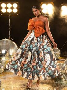 Faeriesty Solid Strapless Contrast Printed Satin Hem Party Dress With Bow, Wedding Guest Cocktail Dress - Orange - View 7