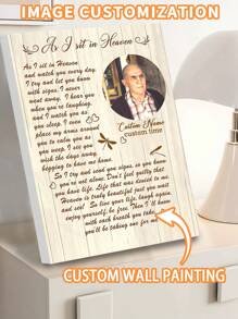 1 pieza Pintura conmemorativa personalizada en lienzo, Impresión conmemorativa personalizada en lienzo para fotos personalizadas, Diseño de fondo de grano de madera, Diseño de patrón de libélula y corazón, Diseño de fuente de arte marrón