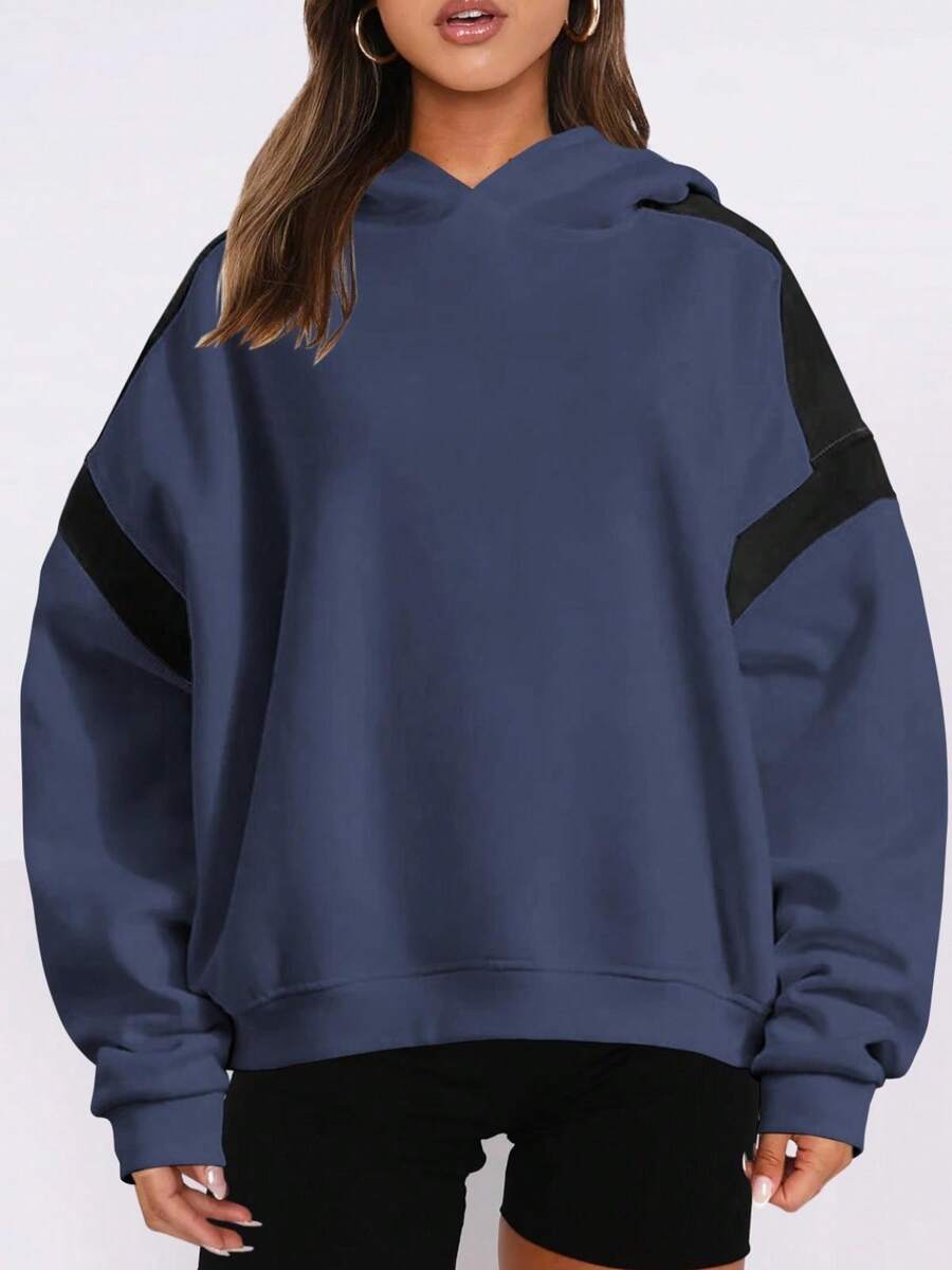 Women's Colorblock Hoodie With White Sleeve Detail - Navy Blue - View 1