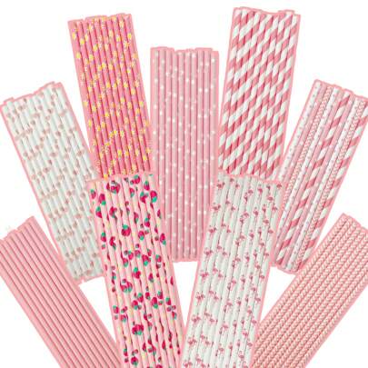 25pcs Pink Series Patterned Disposable Paper Straws, Single-Use Paper Straws With Multiple Designs, Suitable For Wedding, Bridal Party, Birthday, Graduation, Thanksgiving, Valentine's Day, Mother's Day, General Party Supplies