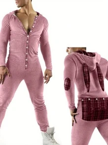 Casual Men Bodysuit, Long Sleeve Rabbit Ears Hooded Button Collar Long Trousers Openable Hip For Autumn - Pink - View 3