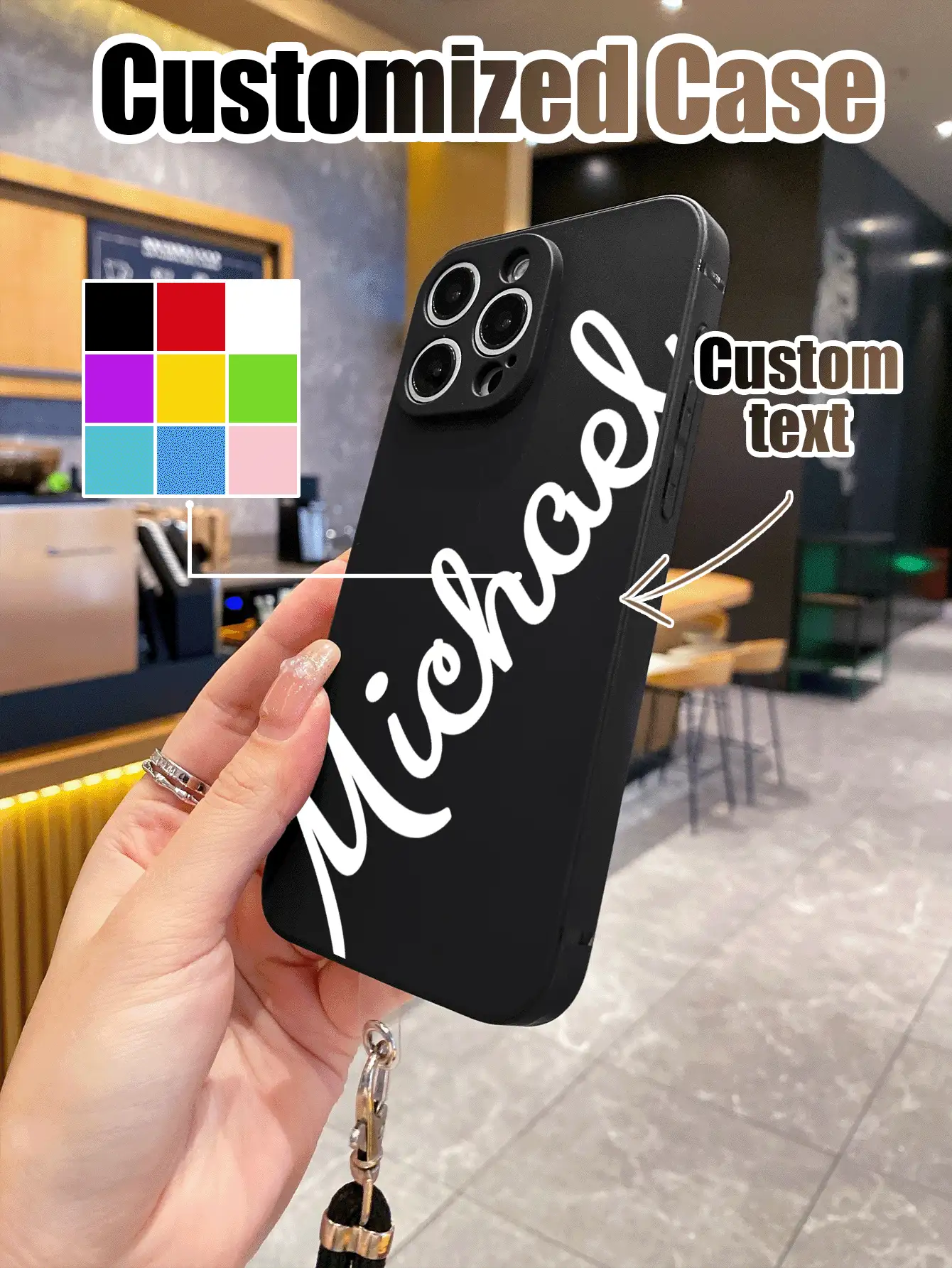 1pc Customizable Tilted Signature Text Pattern Black TPU Shockproof Phone Case & 1pc Black Adjustable Crossbody Phone Lanyard, Suitable For Anniversary, Valentine's Day, Birthday, Wedding, Mother's Day, Father's Day, Best Friend Gifts, Gifts For Mom/Dad, Boyfriend/Girlfriend, Compatible With Apple/Matching Phone Cases/Phone Cases With Lanyard