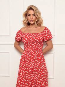 Long Dress With Puffed Sleeves Elastex Print - Red - View 3