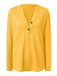 Camiseta casual de manga larga con cuello en pico y botones para mujer de talla grande - Amarillo - Ver 3