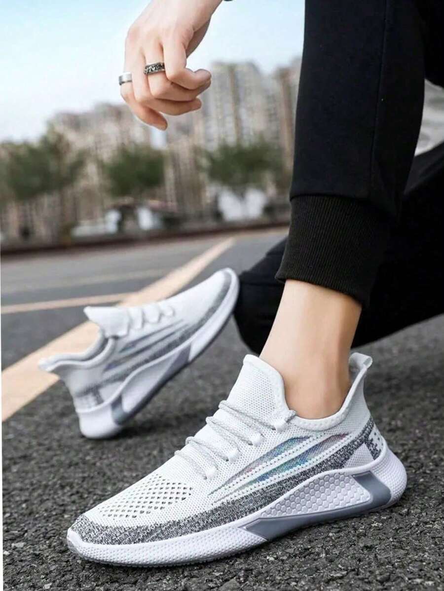 Zapatillas de deporte para hombre,Zapatillas de deporte ligeras y transpirables,Tejido,Suela antideslizante,Flexibles y cómodas,Absorbentes del sudor y transpirables,Zapatillas de deporte de moda negras,Elegantes y sencillas,Uso diario informal,Zapatillas de fitness al aire libre,Diseño a juego de colores rojo y negro,Diseño sin cordones,Muy duraderas,Uso cómodo en cualquier clima - Blanco - Ver 1