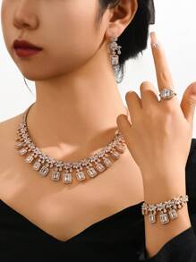 4pcs Luxury Middle Eastern Style Necklace Sets, Multi-Layer Copper Inlaid White Zirconia Jewelry Sets, Party Wedding Gift Accessory For Women