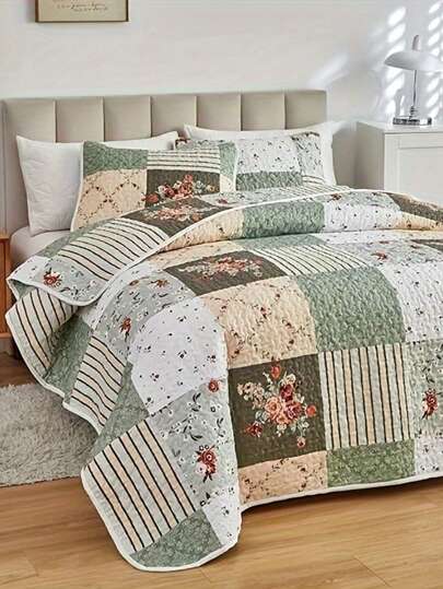 2/3 Pcs Bedding Set (1 Quilt Cover + 1/2 Pillow Cases), Fashion Floral Plaid Patchwork Design, Fresh & Minimalist, Comfortable Soft Breathable, Suitable For Bedroom, Home, Dorm, Hotel Decoration, All Seasons