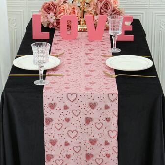 1 件 11.08x108.27 英寸粉色浪漫情人节心形与红唇设计桌旗，天鹅绒材质粉色心形桌旗，“我爱你”，心形桌旗桌布，适合 2.14 情人节、婚礼、晚宴、情侣约会、聚会、烛光晚餐、节日餐桌装饰、婚宴（多色可选）