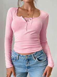 Women's Ribbed Long Sleeve Henley Top With Button Detail - Pink - View 4