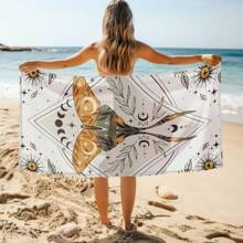 1pc Modern Geometric-Patterned Quick-Dry Beach Towel, Fantasy Moth Cartoon Design, Soft Skin-Friendly Polyester Blend, Sand-Absorbent, Ideal For Pool, Travel, Yoga, Swimming - Woven, Oblong, 250gsm Summer, Holiday Bathroom Decor Beach Essentials