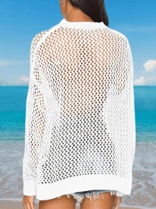 Womens Crochet Tops Long Sleeve Beach Summer Sweater Crew Neck Mesh S  Swimsuit Tunic Pullover Tops Christmas Gift & New Year Gift - 白色 - 查看 4