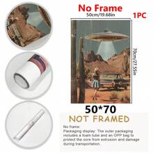 1PC, obraz wiszący na płótnie, obraz dekoracyjny w ramie, plakat UFO, dekoracja ścienna w stylu vintage, plakat science fiction, sztuka ścienna UFO Alien Desert, dziewczęcy wydruk ścienny, estetyczna dekoracja pokoju