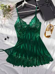 Ning xue yan ying 2-Piece Set Of Women's Blackish Green Sexy V-Neck Bow Decoration Suspender Dress Tempting Lace Transparent Mesh Sleeping Skirt Spaghetti Strap Sexy Underwear Dress Sleepwear Home Suit Set,Babydolls,BridalLingerie
