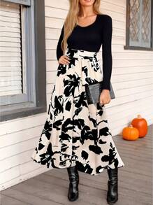 Women's Floral Maxi Dress Ruffle Hem Bohemian Long Dress With Belt,Black Floral Dresses For Women - 黑色 - 查看 4