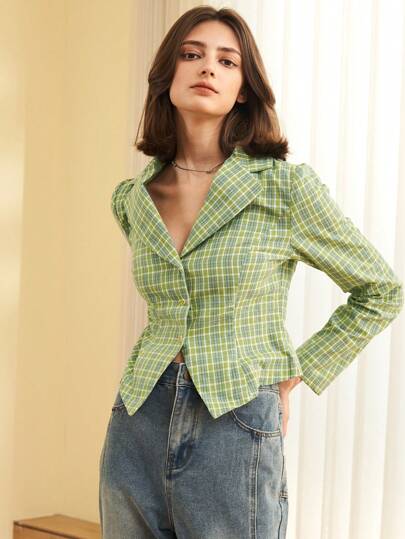 Women's Button Front Lapel Neck Long Sleeve Slim Fit Blouse, Office & Everyday Wear, Spring