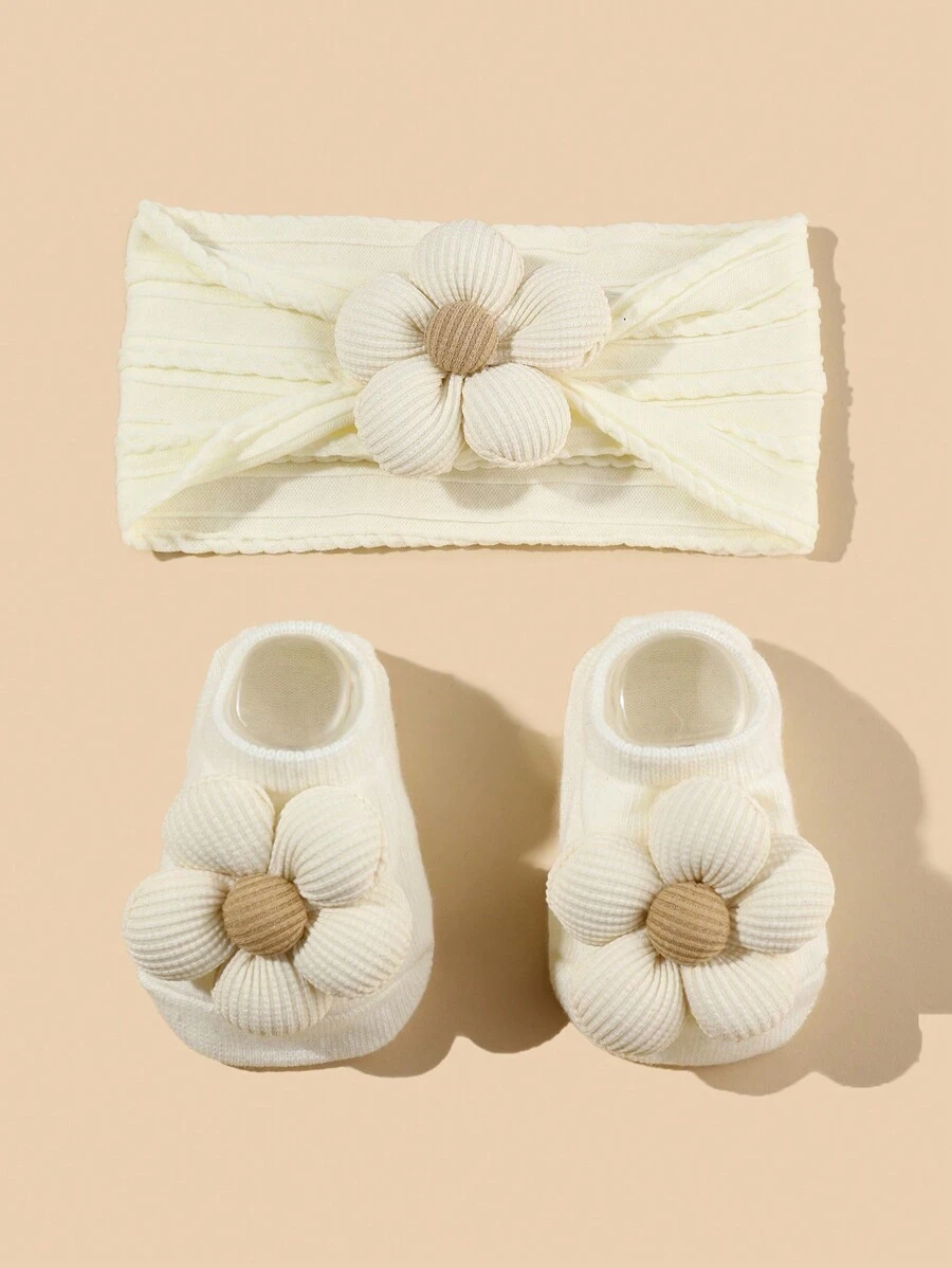 1 set de diadema y calcetines elásticos de nailon con decoración de flores para bebés/niños pequeños - crema HB134 - Ver 1
