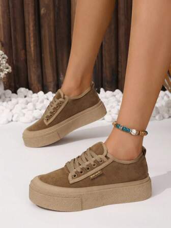 Fall/Winter Women Minimalist Lace-Up Front Skate Shoes, Faux Suede Sporty Sneakers