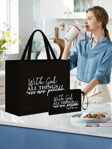 女士时尚旅行沙滩包 - 轻便亚麻手提包兼化妆包，印有励志标语“有了上帝，一切皆有可能”，易于清洁的面料，适合购物、旅行、海滩、教师节礼物，女士大容量亚麻手提包 - 黑色 - 查看 4