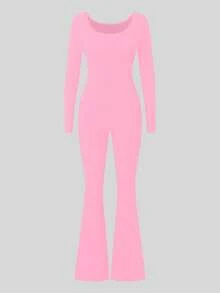 AiTyi 女士连体裤，休闲时尚性感优雅 U 领修身户外运动百搭款，适合毕业典礼、圣诞节、新年、感恩节、秋冬季弹力针织长袖喇叭裤连体裤，粉色春季修身款 - 粉色 - 查看 4