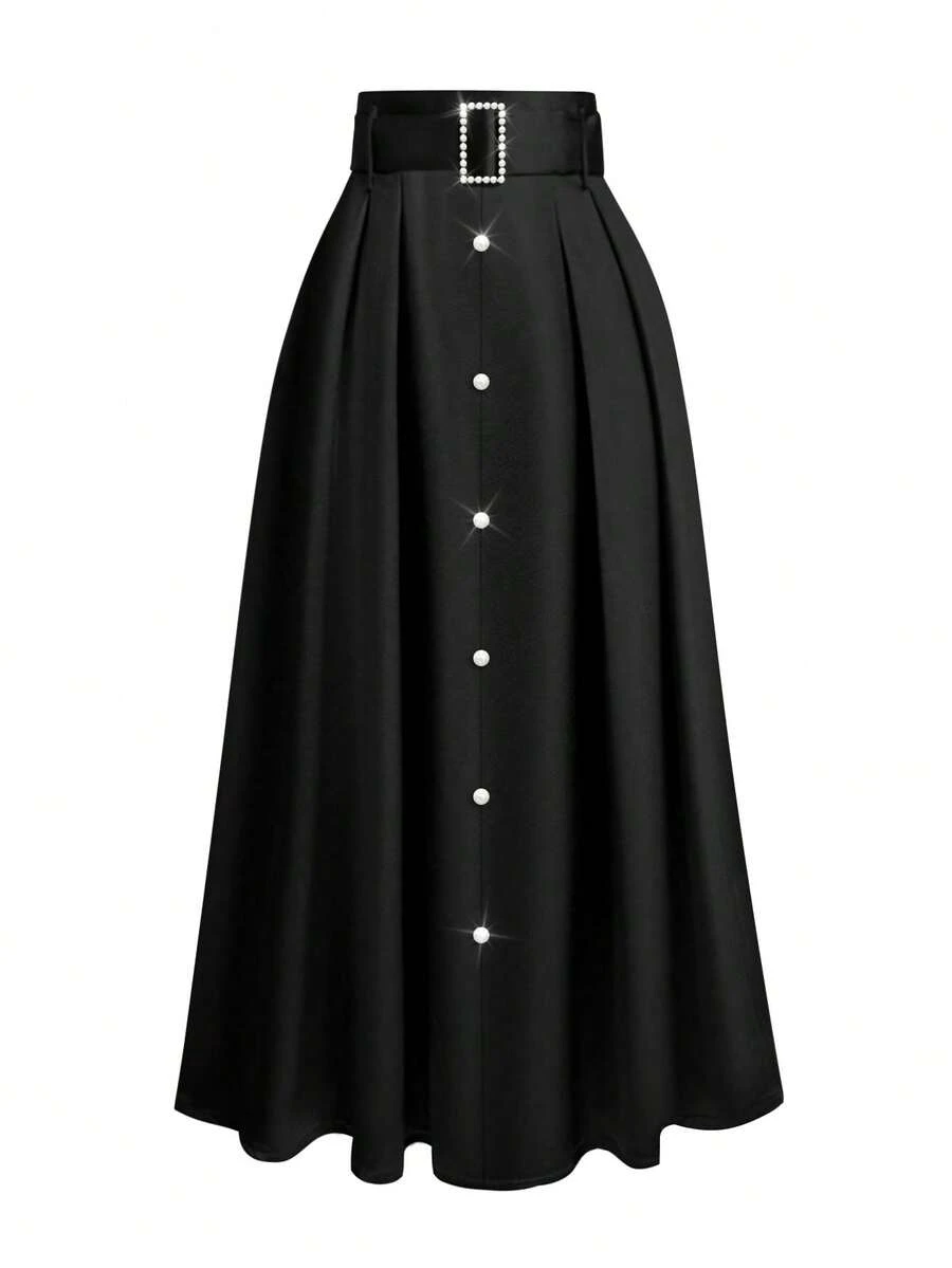 Damen Vintage Hoher Taille Perlen Gürtel Rock, elegantes Dame Design, vielseitig einsetzbar