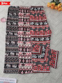 3pcs Plus Size Women Pajama Pants, Casual Drawstring Pants With Bohemian Elephant Print, Stretchy Knit Fabric, Comfortable For Lounging Or Outerwear, Vacation
