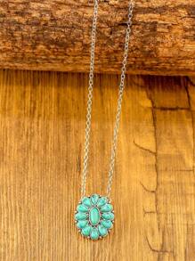 1pc Bohemian Retro Style Women's Pendant Necklace, Composed Of Multiple Round Turquoise Stones, Western Style Women's Chain Necklace, Round Petal Necklace, Suitable For Women's Daily Wear, Holidays Or As A Gift For Friends