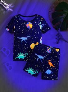 Ensemble pyjama d'été pour tout-petits garçons avec haut à manches courtes et short, imprimé de lettres qui brillent dans le noir (brille sous lumière UV)