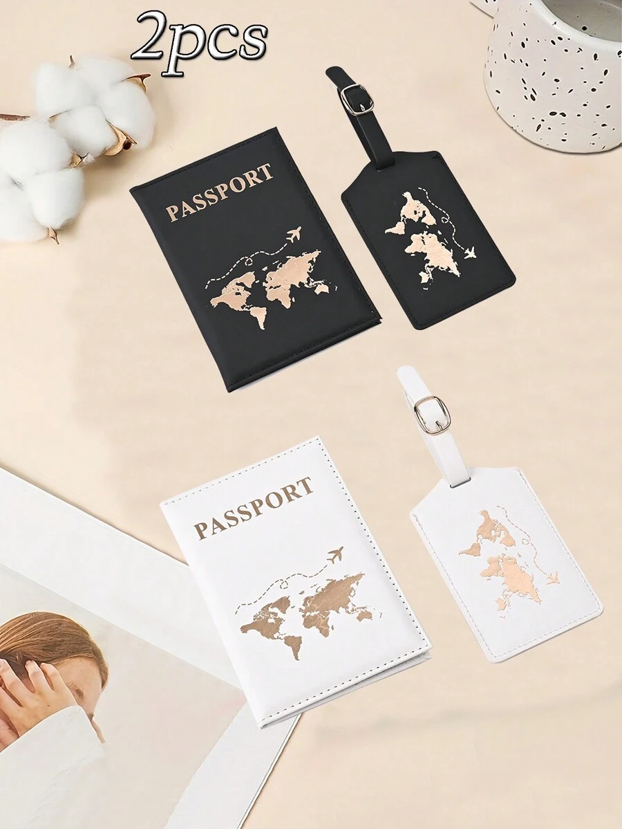 2pcs Hot Stamping Passport Holder And Luggage Tags, Faux Leather Passport Cover, Passport Holder Passport Cover, Travel Passport Cover For Couples, Travel Money Protector Travel Passport Protector ID Card Holder Travel Accessories, Stylish Passport Cover World Pattern Travel Passport Cover For Friends, Best Friends, Sisters, Couples, Couples Travel 1pc,Boho Vibes - Multicolor - View 1