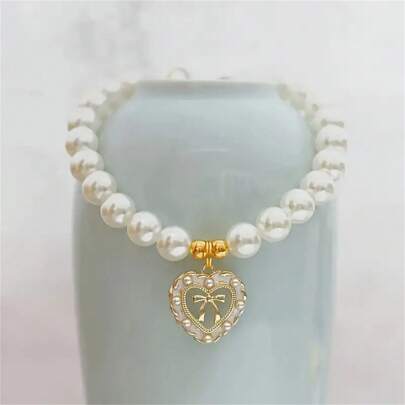 可调节珍珠宠物项圈带心形吊坠 - 复古风格领结项链，适合狗和猫，完美的婚礼配饰或节日礼物