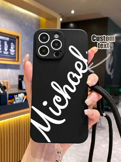 1 capa de celular personalizável com estampa de assinatura inclinada e resistente a impactos, em TPU preto, e 1 cordão transversal ajustável preto para celular. Ideal para aniversários, Dia dos Namorados, aniversários de casamento, Dia das Mães, Dia dos Pais, presentes para melhores amigos, presentes para mãe/pai, namorado/namorada. Compatível com Apple e outras capas de celular.