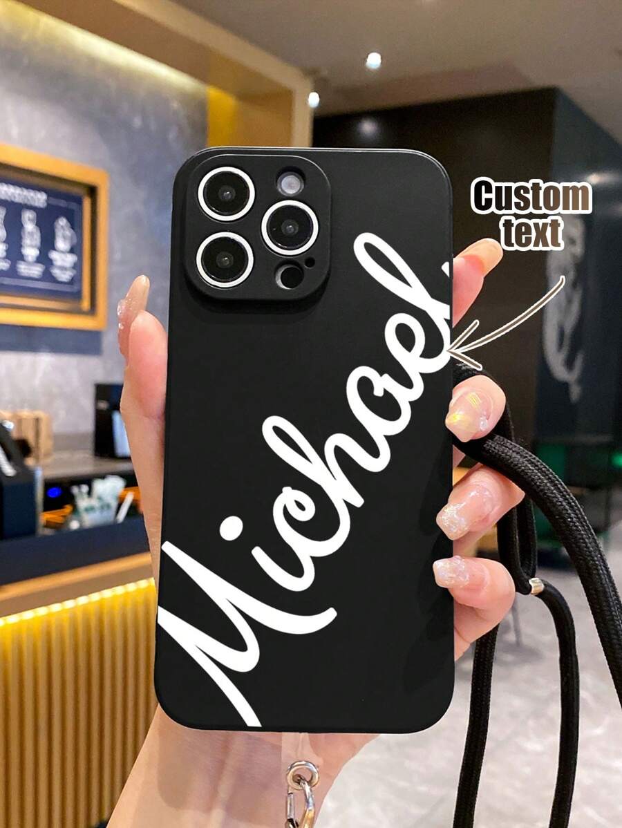 1pc Customizable Tilted Signature Text Pattern Black TPU Shockproof Phone Case & 1pc Black Adjustable Crossbody Phone Lanyard, Suitable For Anniversary, Valentine's Day, Birthday, Wedding, Mother's Day, Father's Day, Best Friend Gifts, Gifts For Mom/Dad, Boyfriend/Girlfriend, Compatible With Apple/Matching Phone Cases/Phone Cases With Lanyard