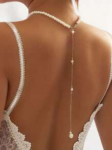 1pc/3pcs Minimalist Beach Vacation Style Faux Pearl Handmade Back Necklace, Elegant & Sexy Tassel Body Chain